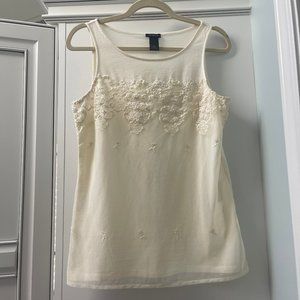 Ann Taylor Cream Tank with Mesh Sheer Floral Embroidered Overlay, Size Small